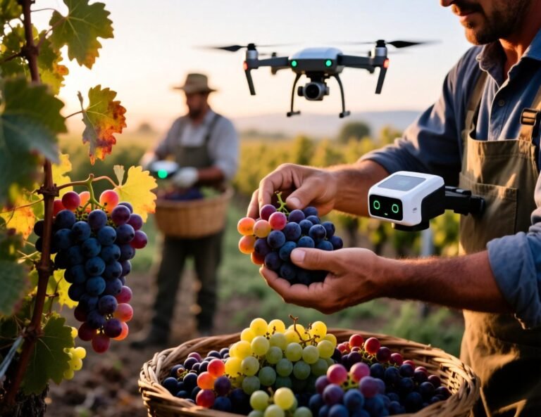 242 / 5.000 Spanish vineyard during harvest with small but intensely colored bunches of grapes. Farmers harvesting ripe grapes using modern technology (drones or sensors). Dawn light and close-up of the hands selecting the grapes. Realistic documentary style.